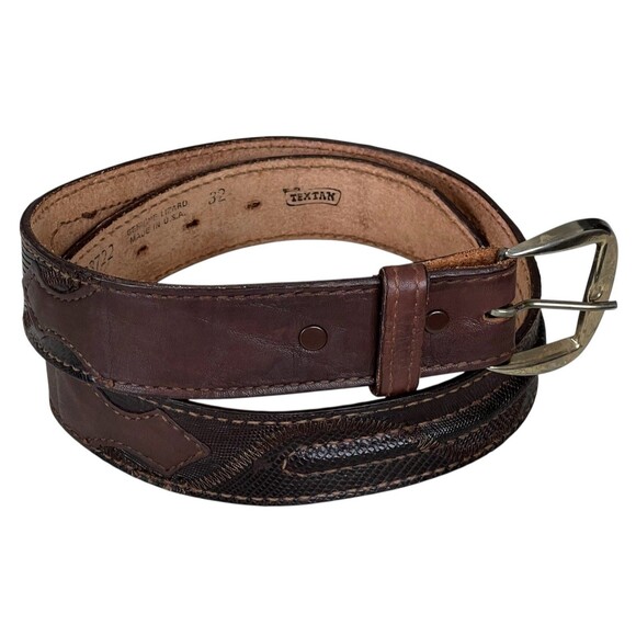 VTG Tex Tan Western Tooled Full Grain Lizard Brown Leather Belt Size 32 - Picture 1 of 7